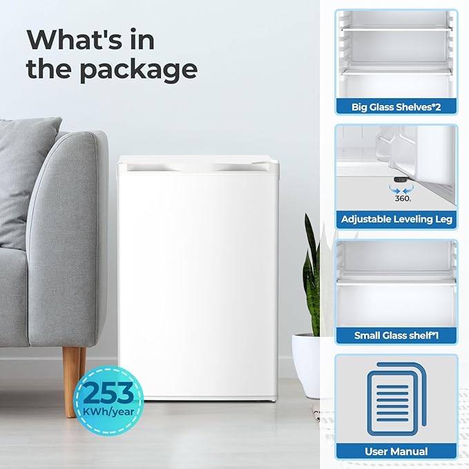 4.5 Cu.ft Mini Fridge with Freezer, Compact Refrigerator with Reversible Single Door, Adjustable Thermostat, Low Noise, Energy Efficient for Office, Dorm, Bedroom, Apartment White