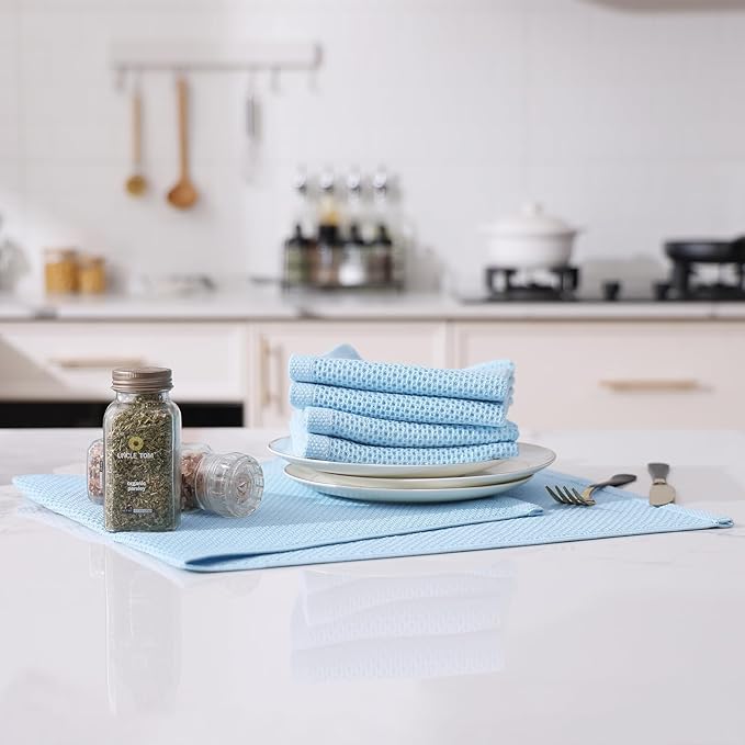 Kitinjoy 100% Cotton Waffle Weave Kitchen Towels (13 X 28 Inches, Sky Blue), 8-Pack Super Soft and Absorbent Dish Towels for Drying Dishes, Kitchen Hand Towels