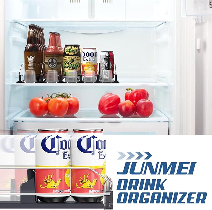 Drink Organizer for Fridge,12oz 16oz 20oz - Soda Can Dispenser for Refrigerator,Width Adjustable,Automatic Pusher Glide (White, 15"D 3ROW,Holds 15 Cans)