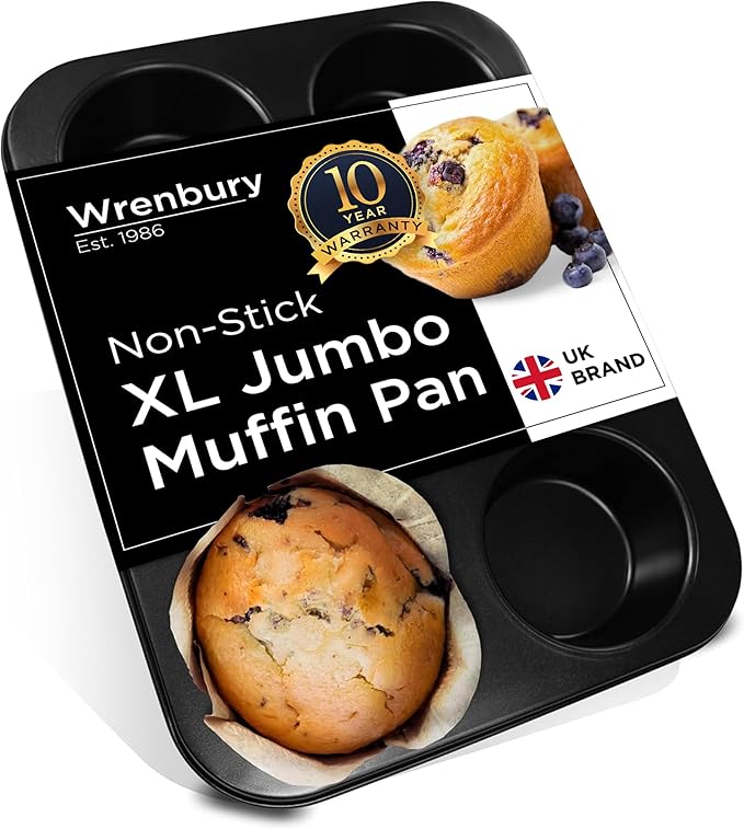 Wrenbury Jumbo Muffin Pan 6 Cup - Nonstick XL Deep Muffin Pan for Baking 3.75" Cup - Oversized Extra Large Cupcake Mold - Dishwasher Safe - PTFE Free - 446°F Oven Safe