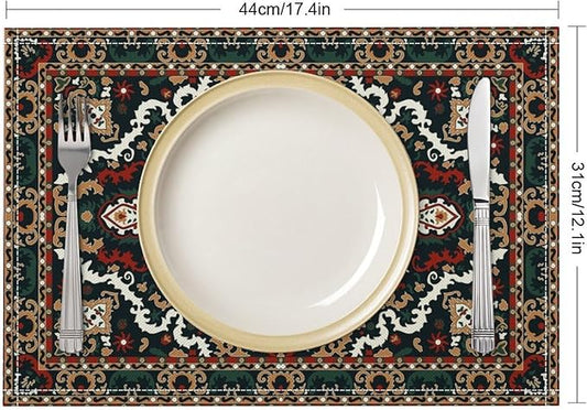 Boho Tribal Ethnic Placemats Set of 4 Rustic Farmhouse Retro Red Floral Art Printed Dining Table Mats for Restaurant Home Kitchen Holiday Picnic Party Decor 12x18in