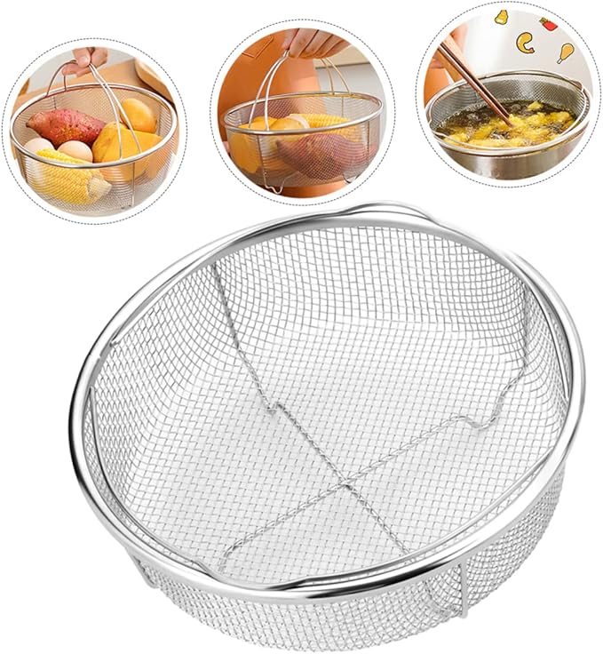 Hemoton Stainless Steel Colander with Handle, 8.26 X 7.08 X 3.58 Inch Vegetable Strainer Basket for Washing Fruits, Rinsing Rice, and Draining Pasta, Kitchen Food Strainer for Home Use