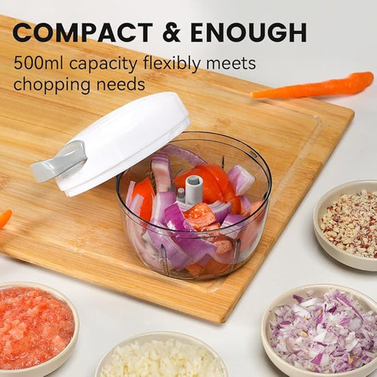 Manual Food Processor & Vegetable Chopper White - 2.3 Cup Mini Hand-Pull Cord Kitchen Chopper for Onion, Garlic, Vegetables with 3 Stainless Steel Blades