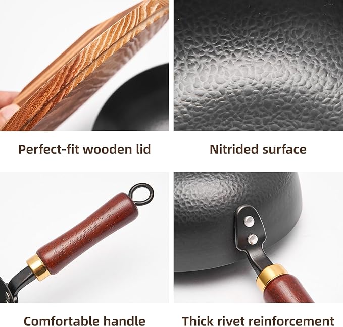 VIVIDCOOKWARE 7.8 Inch Small Wok, Cold-Forged Iron Pot with Wooden Lid & Handle, 1.6 QT Sauce Pan for 1-2 Servings, Multipurpose Flat Bottom Wok for Stir-Fry, Pasta & Soup, Induction Compatible