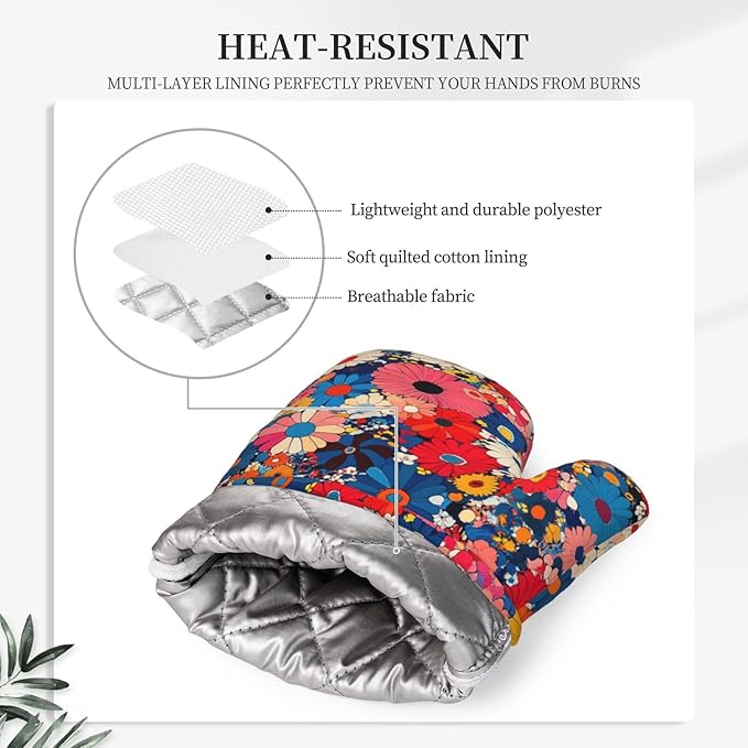 Oven Mitts and Pot Holders Japanese Art Colorful Flower Silicone Kitchen Accessories Set of 4 Heat Resistant Long Gloves Potholder Non-Slip Grip for Chef Cooking Baking Grilling BBQ