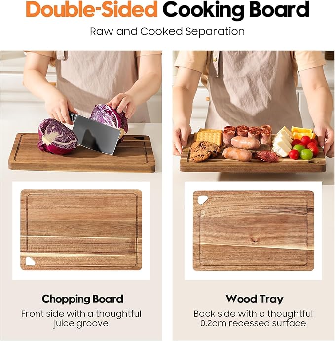 Acacia Wood Cutting Boards for Kitchen Non Toxic, Reversible Wooden Cutting Board with Juice Groove, Wood Chopping Board for Meat, Vegetables and Fruits, Set of 3 (S+M+L)
