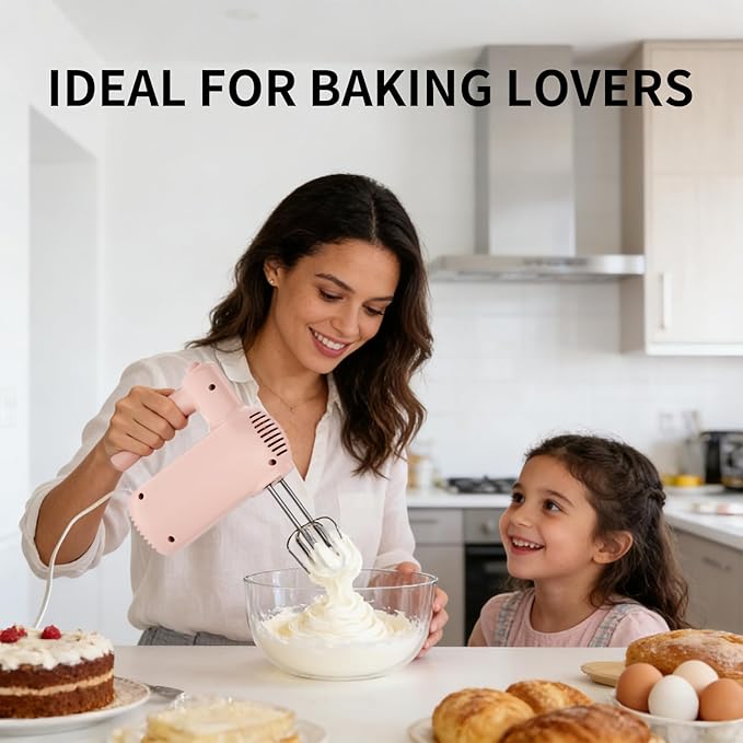 Hand Mixer Electric, 5 Speed Hand Mixer Electric Handheld with Turbo, WESTCOOKAID Lightweight Stainless Steel Beaters, Dough Hooks, Blending or Cooking (Pink)
