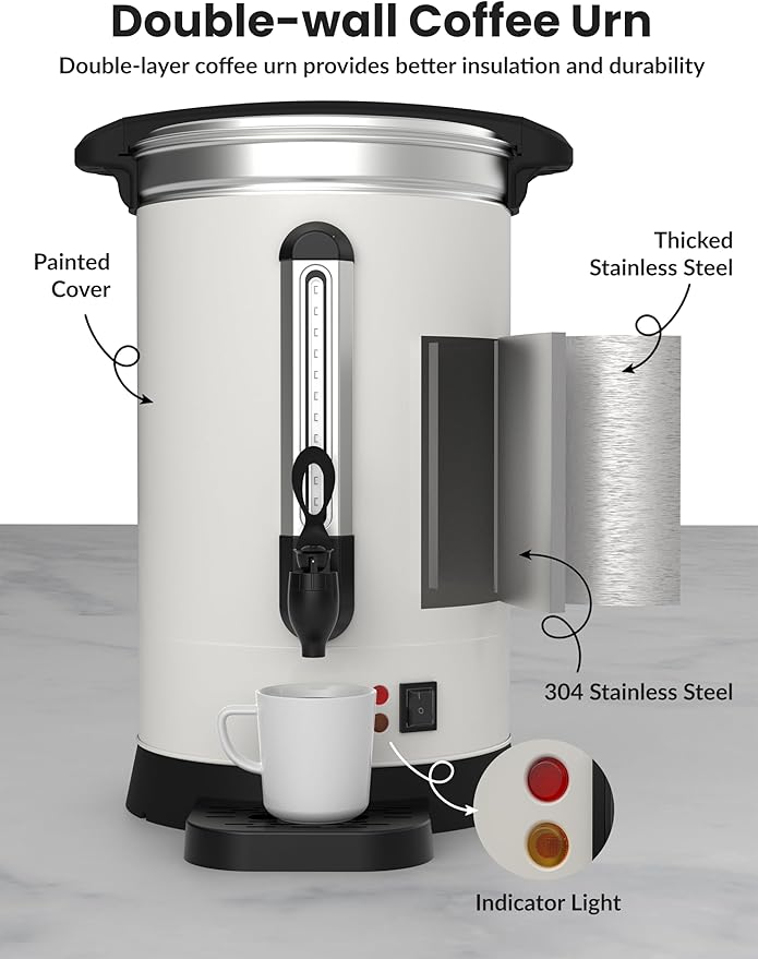 GarveeHome 100 Cups Coffee Urn,14 L/3.8 gal Double Wall Commerical Coffee Maker for Buffet Catering Wedding Gathering,Large Capacity Hot Coffee Dispenser,Stainless Steel Hot Water Urn