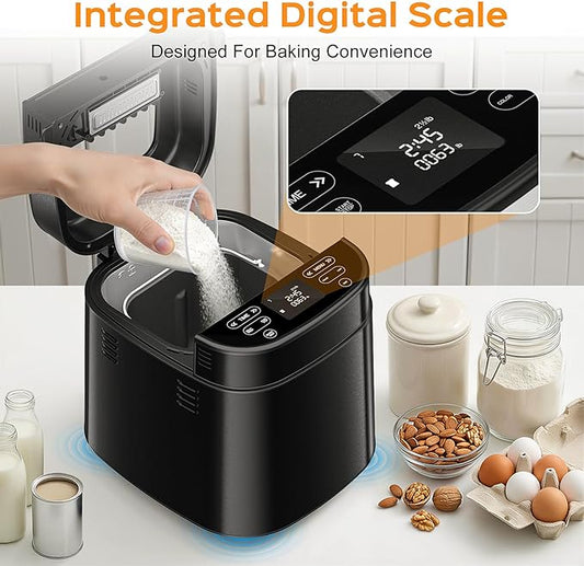 2.5LB Bread Maker with Built-in Electronic Scale, 25-in-1 Bread Machine, Beginner-Friendly with Adjustable Baking & Fermentation, Non-Stick Easy-Clean Pan, Quiet, 15H Delay, Recipes, Black