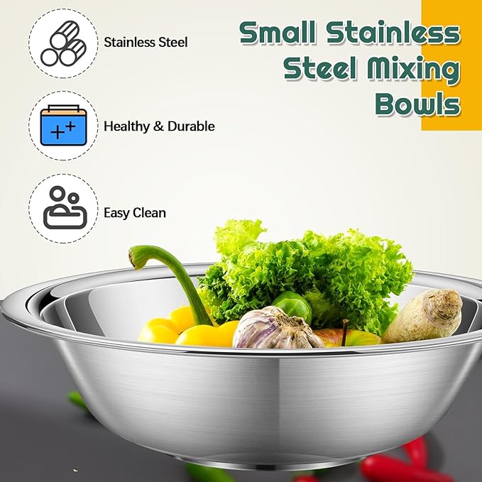Tioncy 10 Pack Small Stainless Steel Mixing Bowls, 6.3 Inch Wide Nesting Prep Bowls Set with Flat Base for Sauces Serving Soup Snack Salad, 3/4 Quart Meal Cooking Baking, Reusable and Dishwasher Safe