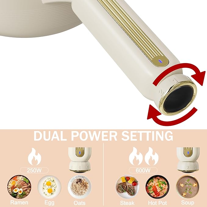 TOPWIT Hot Pot Electric, 2L Multifunctional Electric Pot, Non-Stick Sauté Pan, Portable Cooker for Steak, Egg, Fried Rice, Ramen, Soup with Dual Power Control (Silicone Spatula Included), Beige