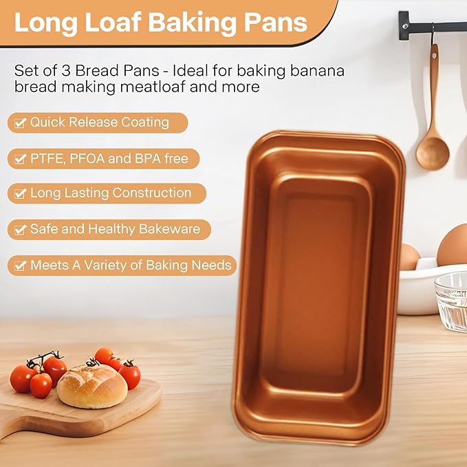 3-Pack 8x4 Loaf Pan for Baking Bread, Nonstick Bread Pan With Copper & Black Two-Tone Finish Perfect for Homemade Bread, Meatloaf, Pound Cake