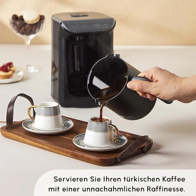 KARACA Globe Turkish Coffee Cup Set of 6, 80ml, 2.7 oz, Small Espresso Cups with Saucers, Porcelain, Black Patterns, and Gold Handles, Ideal for Serving Greek, Arabic Coffee