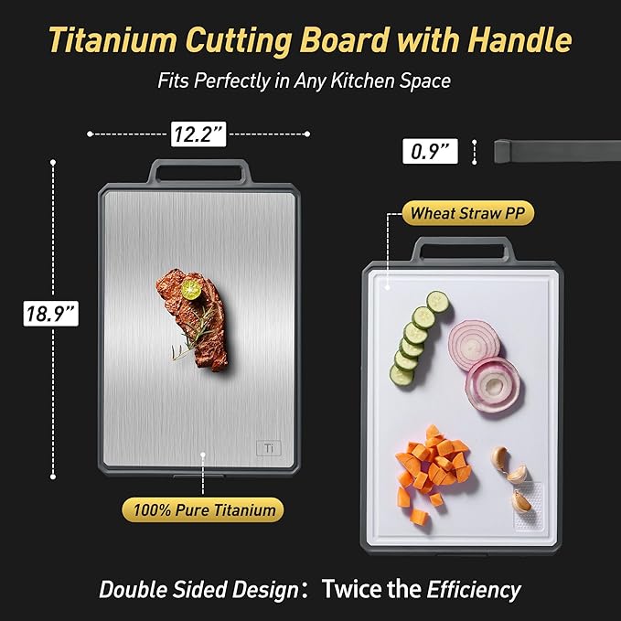 Titanium Cutting Boards for Kitchen Chopping Board with Handle Large Big Small Kitchen Meat Butcher Block Double Sided Pure Titanium and Wheat Straw PP Not Wood Bamboo Plastic Teak Grey/White