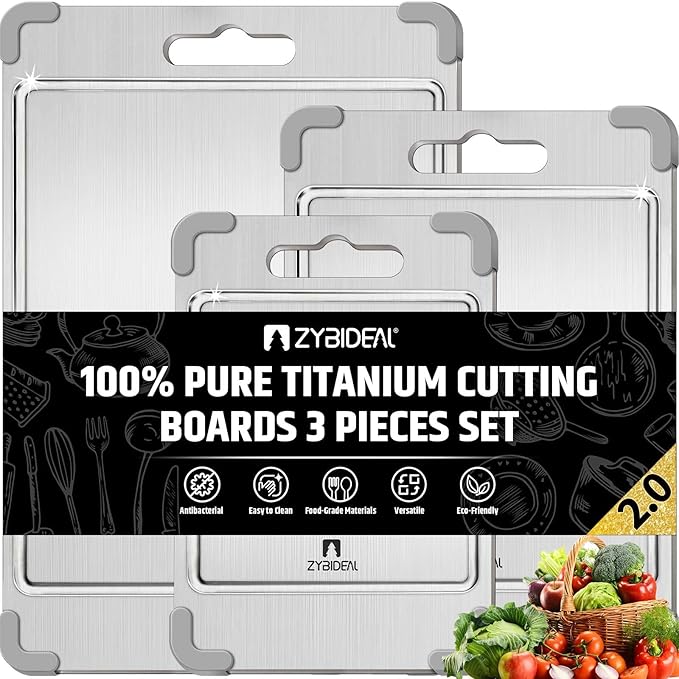 ZYBIDEAL 3Pcs 100% Pure Titanium Cutting Board with Grooves, Update Double Side Titanium Chopping Board, Silicone Anti-slip Stainless Cutting Boards Set for Kitchen