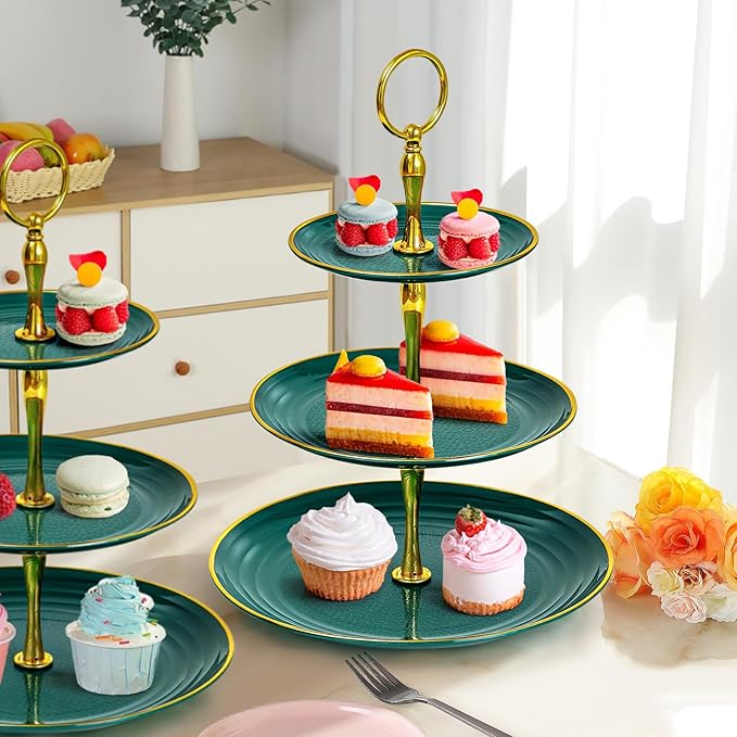 Soleebee 3-Tier Cupcake Stand, Round Plastic Tiered Serving Tray, Cup Cake Tower for Birthday Wedding Party Decoration, Cupcake Tier Stand Fruits Desserts Display (Green Gold)