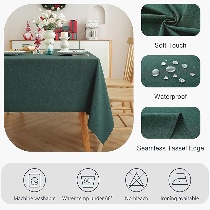 Alsoo Table Cloth for Rectangle Tables 60X75 Inch Linen Tablecloth Waterproof Spill Proof and Wrinkle Free Machine Washable Table Cover for Dining Tables, Kitchen, Parties and Christmas, Dark Green