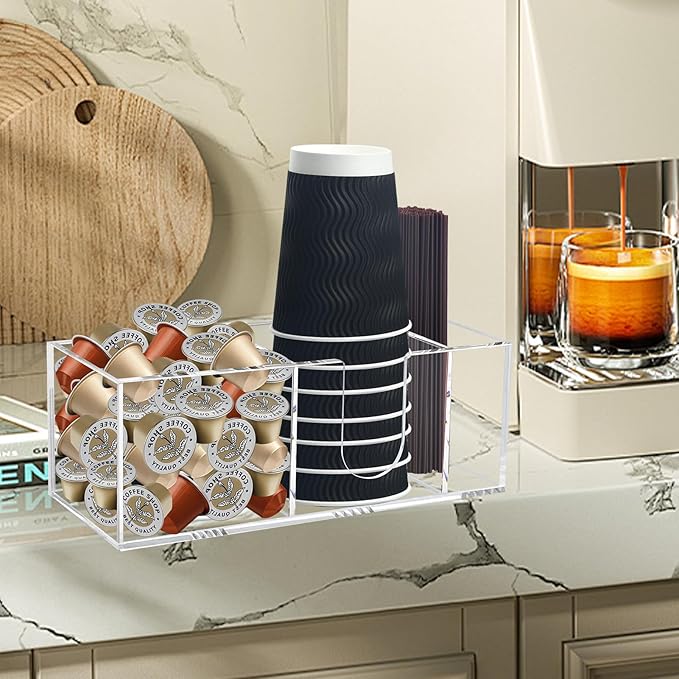 Coffee Bar Accessories and Organizer, Disposable Cup Holder for Countertop, Acrylic Storage and Organization for Cup Lid Stirrers Pod, Farmhouse Table Decor