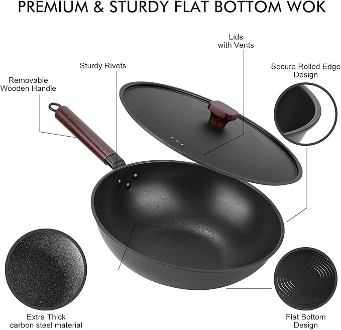Teewe Carbon Steel Wok Pan - 13" Wok Pan with Lid, Woks & Stir-Fry Pans Nonstick with Spatula & Brush, Chinese Wok Flat Bottom Wok for Induction, Electric, Gas, All Stoves