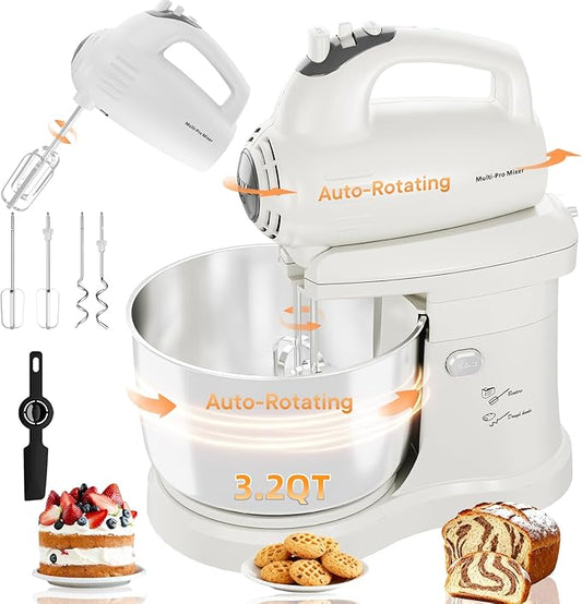 Stand Mixer Hand Mixer Kitchen Electric - 2-IN-1 3.2 QT Auto-Rotating Bowl & Beater Tilt-Head Small Standing Mixer, 250 Watt 5-Speed with Turbo Boost Household Mixer with Beaters & Dough Hooks