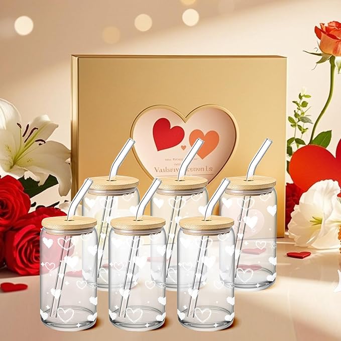 Glass Cups with Lids and Straws, 2 Pack 16 oz Borosilicate Iced Coffee Tumblers, Bamboo Lids, Glass Straws, Matching Heart Drinkware for Couples and Best Friends, Valentines Day, Galentines Day