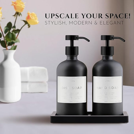 Lotion, Hand & Dish Soap Dispenser for Kitchen & Bathroom | Soap Dispenser Set of 2 16.8 Oz Glass Bottles with Stainless Steel Pump, 15 Water Proof Labels & Silicon Tray (Black)