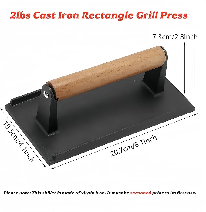 RIIPOO Professional Cast Iron Grill Press - Heavy Duty 2lbs Rectangle Smash Burger & Bacon Press with Wood Handle, Non-Stick Ribbed Grill Weight for Steak, Sandwiches & Perfect Grill Marks