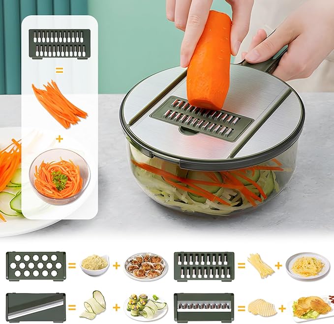 Mandoline Slicer with Hand Protector, Interchangeable Blade Vegetable Slicer Mandoline, Cucumber Slicer with Colander for Potato, Tomato, Carrot (Green)