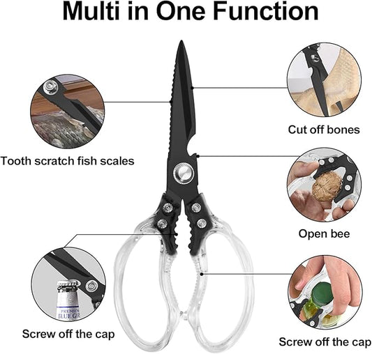 CGBE Kitchen Scissors, Multi-Purpose Kitchen Shears, Heavy Duty Food Scissors for Chicken, Poultry, Fish, Meat & Herbs with Non-Slip Grips (Transparent Black)