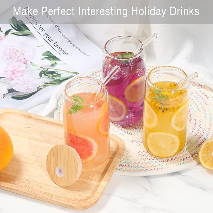 4 Pack Glass Cups Set 16oz Drinking Glasses with Bamboo Lids and Straws Beer Glass Tumbler for Mojito Soda Smoothies Whiskey Iced Coffee Cocktail Tea Juice