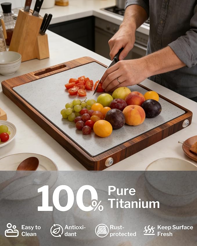 1" Thick Non Slip Dual Sided Cutting Board - Wood &GR1 Titanium, 18" Extra Large with Handle for Hanging, Juice Groove & Non-Slip Feet, Heavy Duty for Professional Kitchen