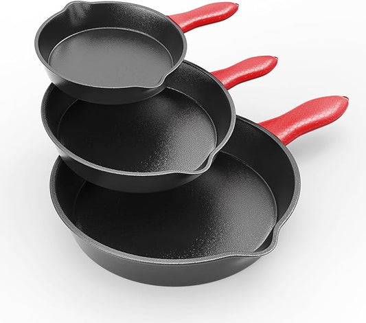 Cast Iron Skillet 3 piece set, cookware set 6, 8, 10 Inches, for frying, saute, &more, easy use in the oven, stove, grill, or campfire, black, with silicone heat-resistant cover