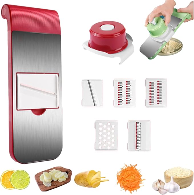 Multifunctional Vegetable Cutter, 6-in-1 Chopper Vegetable Cutter, Stainless Steel Multifunctional Vegetable Cutters & Slicer with 5 Detachable Blades, Mandoline Slicer for Kitchen (5 styles red)