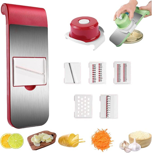 Multifunctional Vegetable Cutter, 6-in-1 Chopper Vegetable Cutter, Stainless Steel Multifunctional Vegetable Cutters & Slicer with 5 Detachable Blades, Mandoline Slicer for Kitchen (5 styles red)