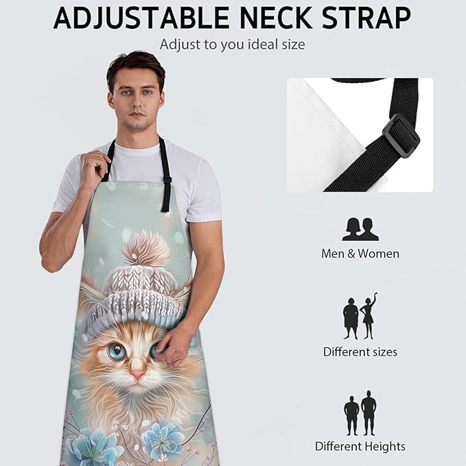 Adorable Kitten Apron, Adjustable Kitchen Cute Cat with Flowers Aprons with Pockets for Cooking BBQ Gardening, 28×33 IN, Holiday Gifts for Women Wife, for Chef Baking, Oxford Fabric