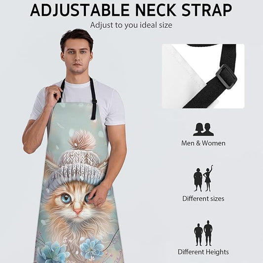 Adorable Kitten Apron, Adjustable Kitchen Cute Cat with Flowers Aprons with Pockets for Cooking BBQ Gardening, 28×33 IN, Holiday Gifts for Women Wife, for Chef Baking, Oxford Fabric