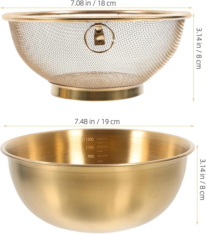 Stainless Steel Basin and Fine Mesh Rice Strainer Set 7.08In Kitchen Drainer for Washing Vegetables Fruits and Cooking Rice with Metal Colander Basket