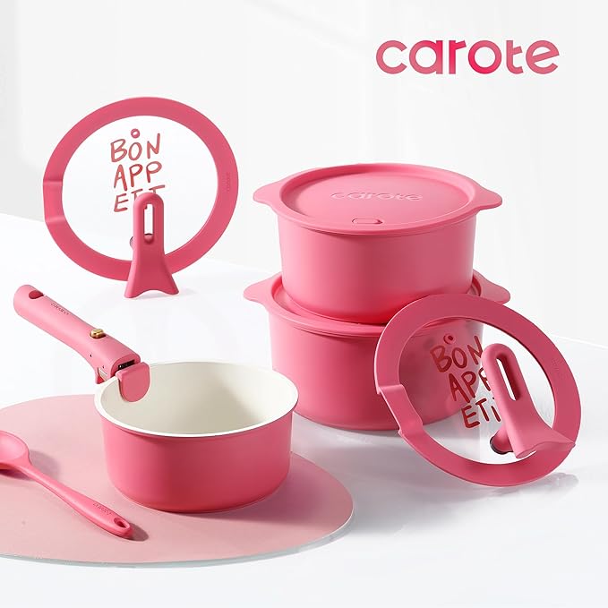 CAROTE Ceramic Sauce Pan Sets with Stand-Up Lid 2QT& 3QT & 4QT, 11 Piece NonStick Kitchen Cookware Sets with Detachable Handle, Non Toxic Cooking Pot, Oven Safe, Induction Ready, Pink