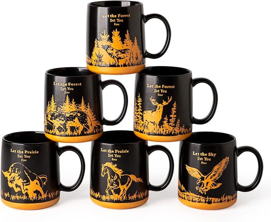 AmorArc 18oz Large Coffee Mugs Set of 6, Ceramic Coffee Mugs with Animal Wildlife Textured Patterns for Tea Latte Cocoa. Easy to Hold&Clean, Dishwasher&Microwave Safe, Matt Black