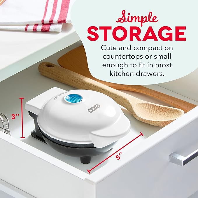 Dash Mini Waffle Maker- Compact Electric Iron for Creative Homemade Treats - PTFE nonstick surface - Easy-to-Clean - Perfect for Kids & Families - White