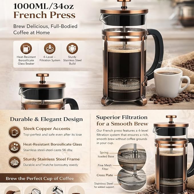 French Press Coffee Maker 34 oz , 304 Stainless Steel Double Mesh Filter, Borosilicate Glass, Heat-Resistant, BPA-Free, Large Capacity for Family & Office, Great Gift