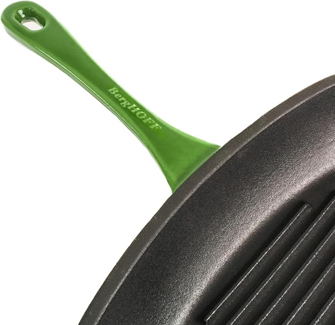 Berghoff Neo 2Pc Enameled Cast Iron Grill Set, Grill Pan 11 inches, Bacon/Steak Press 8 inches, Fast, Evenly Heat, Oven safe (Green)