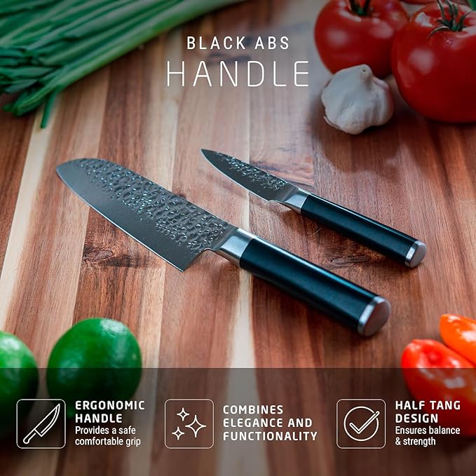 Swiss Diamond Santoku & Paring Knife, German Steel With ABS Handle, Half Tang Handle, Hammered Blade Chef Knives Professional Grade, 55+2 Rockwell Hardness, 7 & 4.5 Inch