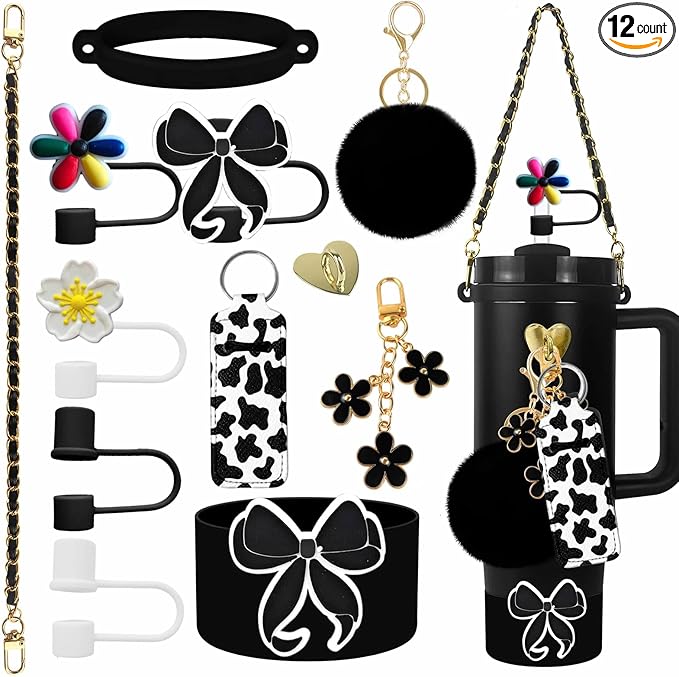 Accessories Set Including Water Bottle Handle Strap, Silicone Boot, Resin Butterfly Straw Cover, Straw Topper, Lip Balm Sleeve, Butterfly & Hairball Charms for Stanley Cup Tumbler