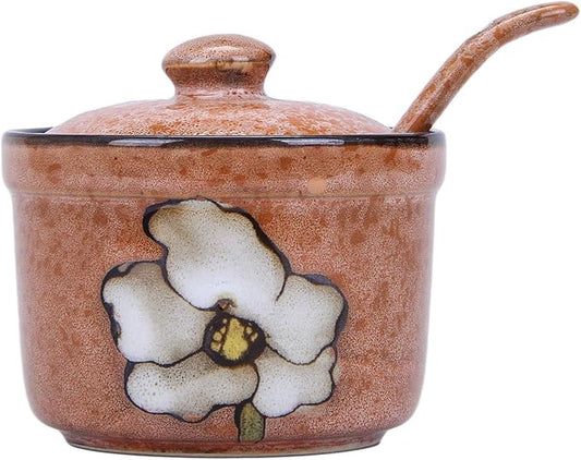 VanEnjoy Traditional China Retro Hand Painted Flower Ceramic Round Sugar Spice Containers Porcelain Jar with Spoon Round Condiment