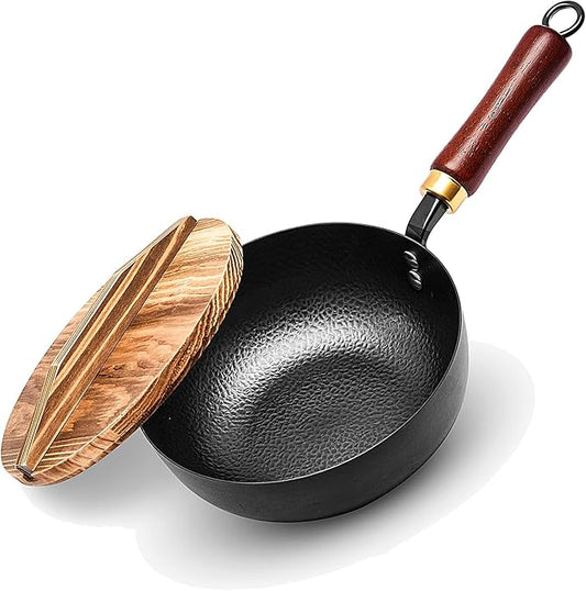 VIVIDCOOKWARE 7.8 Inch Small Wok, Cold-Forged Iron Pot with Wooden Lid & Handle, 1.6 QT Sauce Pan for 1-2 Servings, Multipurpose Flat Bottom Wok for Stir-Fry, Pasta & Soup, Induction Compatible