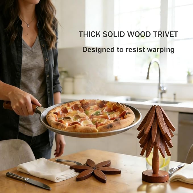 Wooden Tree Trivets for Hot Dishes: 4 Trivets and 1 Stand Christmas Tree Coasters for Pot Bowl Cup Teapot Pans Hot Pot Holder