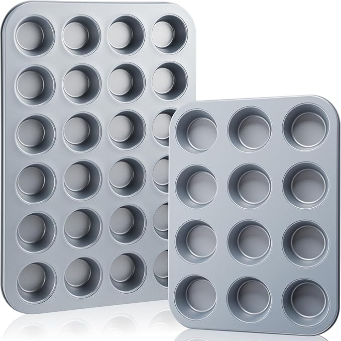 Acellegic 2 Set Mini Muffin Pans Carbon Steel Nonstick Bakeware for Oven Mini Cake Tart Quiche (12-cup&24-cup)