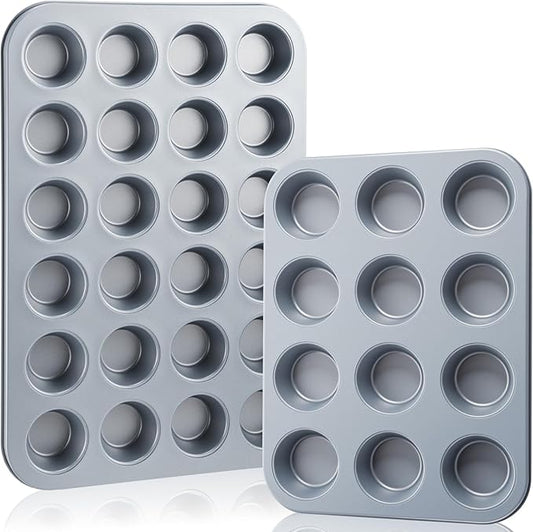 Acellegic 2 Set Mini Muffin Pans Carbon Steel Nonstick Bakeware for Oven Mini Cake Tart Quiche (12-cup&24-cup)