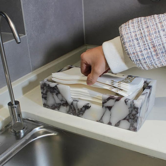 Natural Calacatta Viola Marble Napkin Holder 9.8"x4.9"x2.8", Guest Towel Holder, Paper Hand Basket for Bathroom/Kitchen/Restaurant